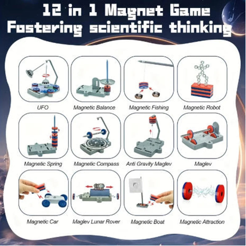 A collection of twelve magnetic science kits demonstrating various principles like fishing, robotics, and anti-gravity moveme