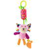 A pink plush animal toy with a yellow loop, designed as a hanging baby item.