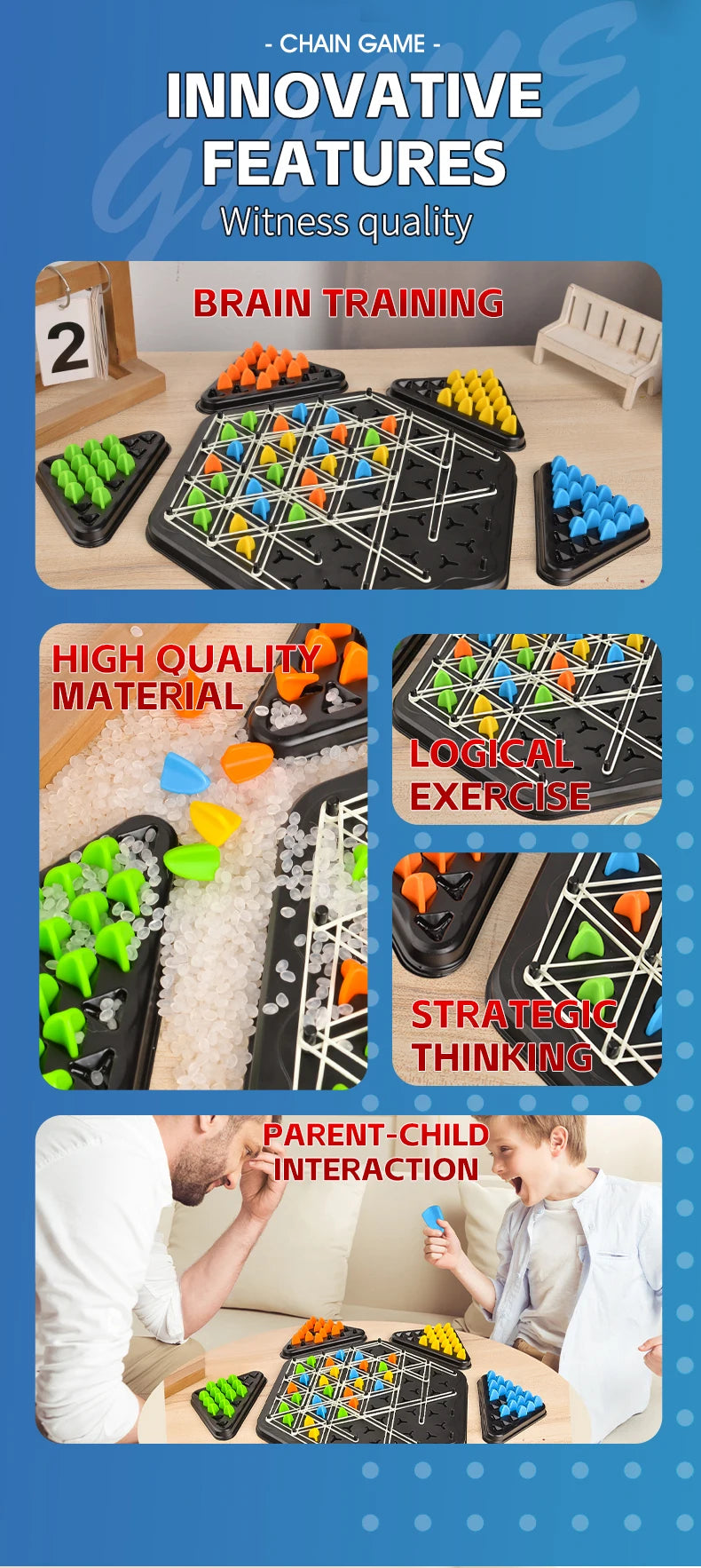 A set of triangle chain chess boards for brain training and logical exercise, shown with various colored pieces.