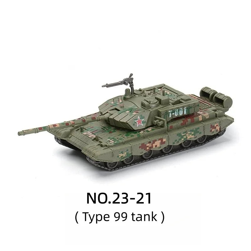 A scale model of a Type 99 tank in olive green camouflage with a turret and gun.