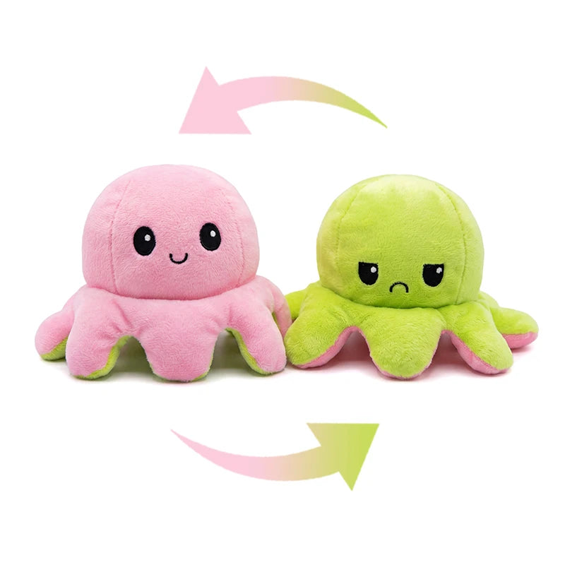 Two plush octopus toys, one pink and one green, are shown with arrows indicating a flip or change.