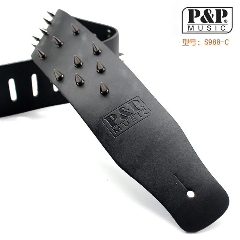 Black PU leather guitar strap with metal studs and P&P Music logo