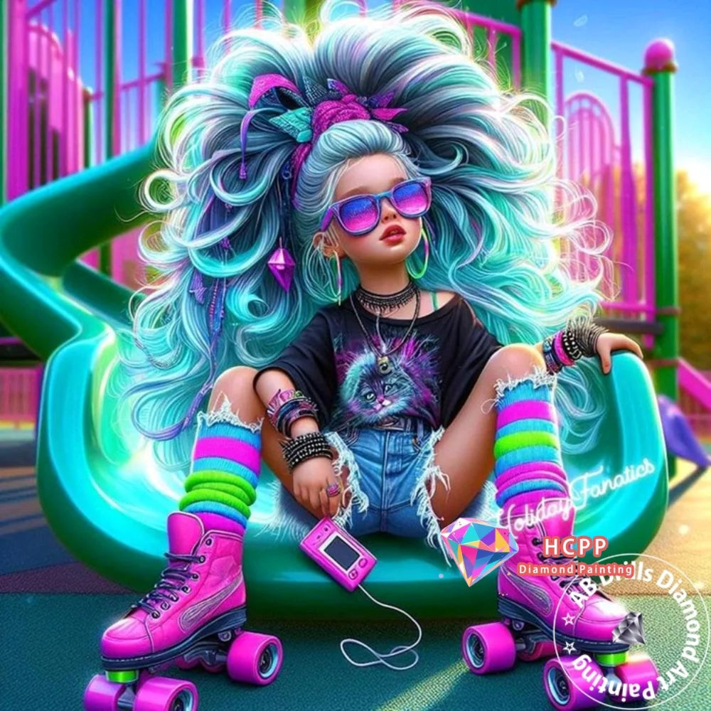 A woman with long blue hair and pink boots sits in a green chair surrounded by sparkling gems and diamond painting supplies.