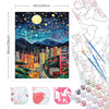 A paint by numbers kit featuring a 40x50cm canvas depicting a night cityscape with mountains and stars.