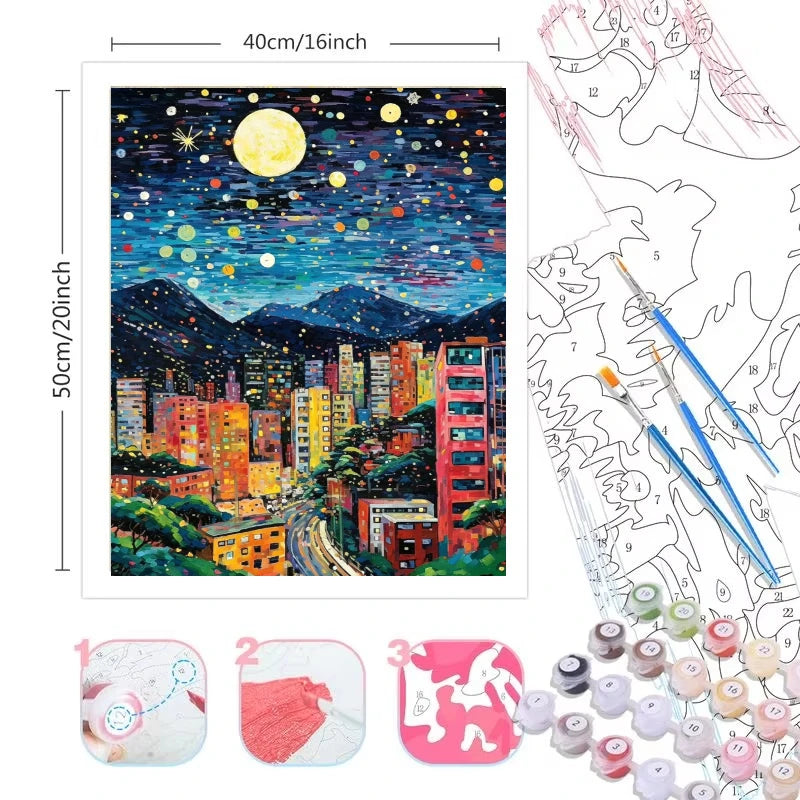 A paint by numbers kit featuring a 40x50cm canvas depicting a night cityscape with mountains and stars.