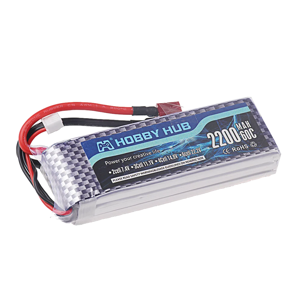 A hobby hub 2200mAh LiPo battery pack with connectors and safety warnings.