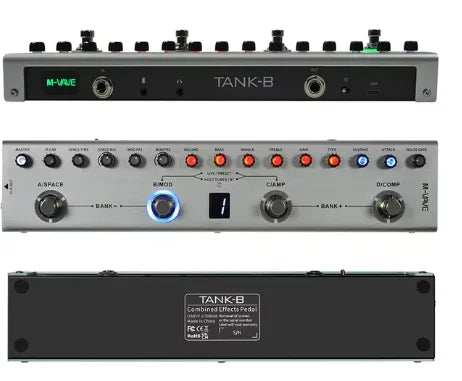 A black M-Vave Tank-B guitar multi-effects pedal with various controls and jacks.