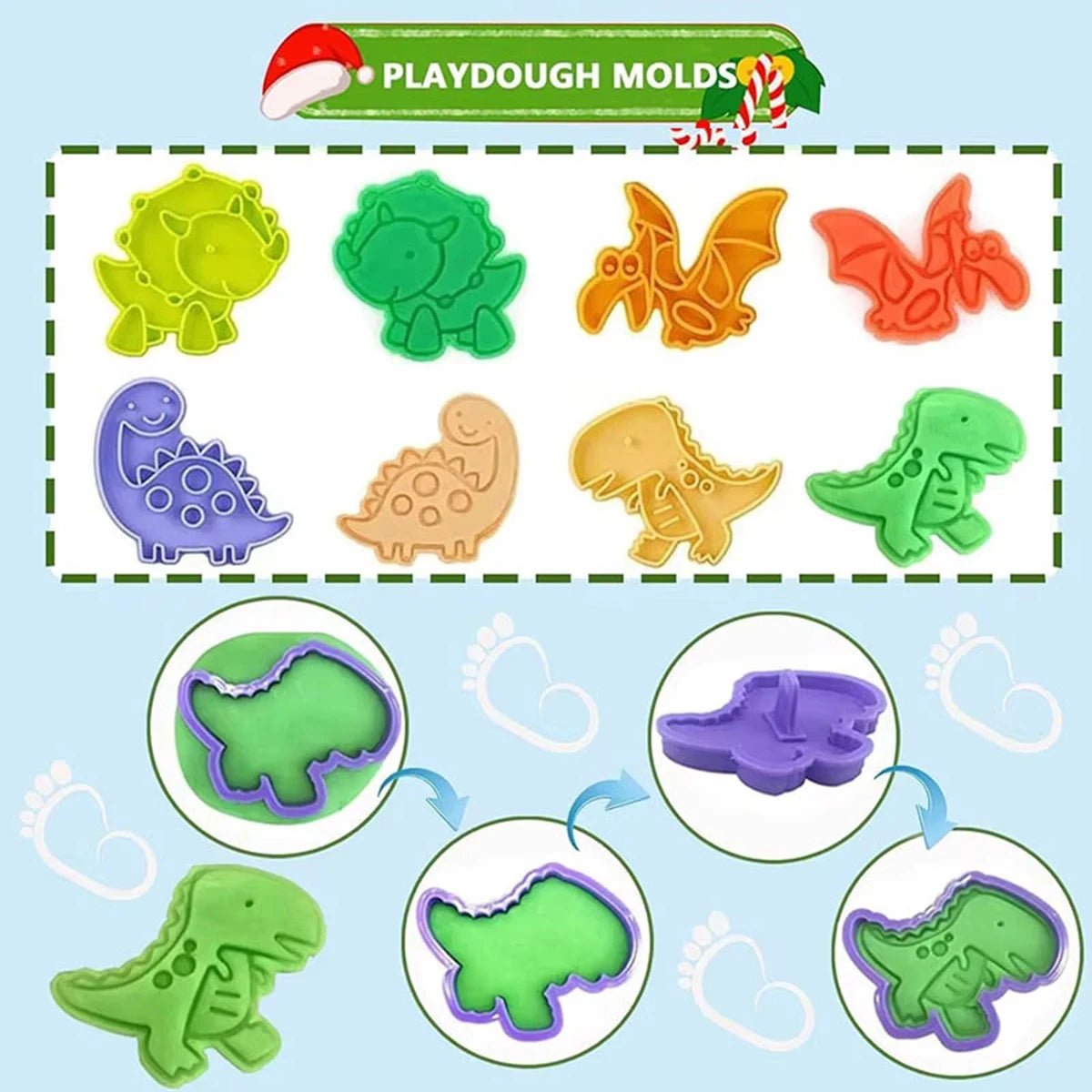 A set of Playdough molds featuring various animal shapes and figures in green, yellow, orange, and purple colors.