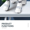 Gros plan d'un robot animal interactif blanc et gris avec des accents bleus, debout sur une table blanche.