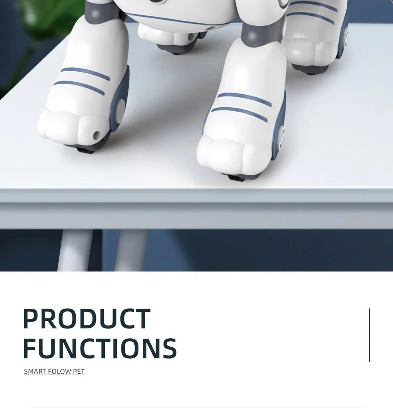 Gros plan d'un robot animal interactif blanc et gris avec des accents bleus, debout sur une table blanche.