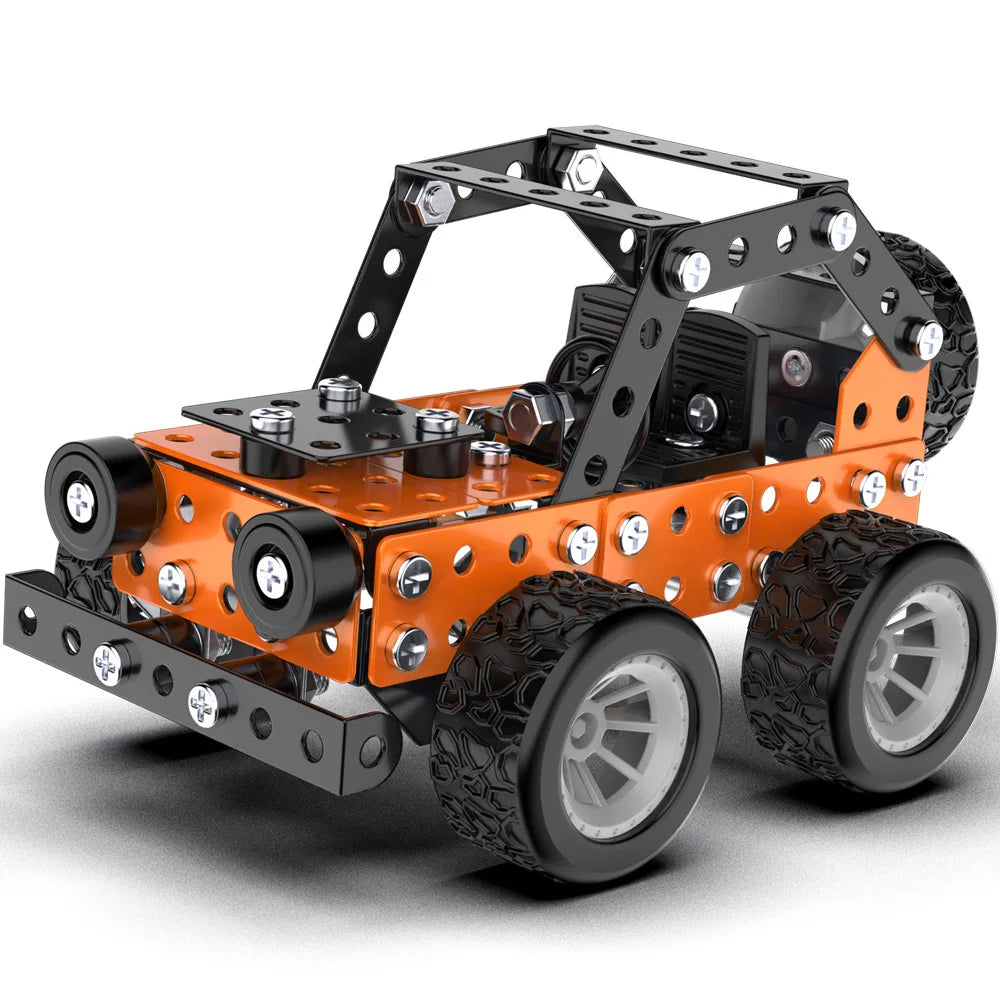 A black and orange DIY metal building block off-road vehicle or excavator engineering kit with large tires.