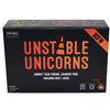 Box of Unstable Unicorns card game featuring a dark box with orange text and artwork.