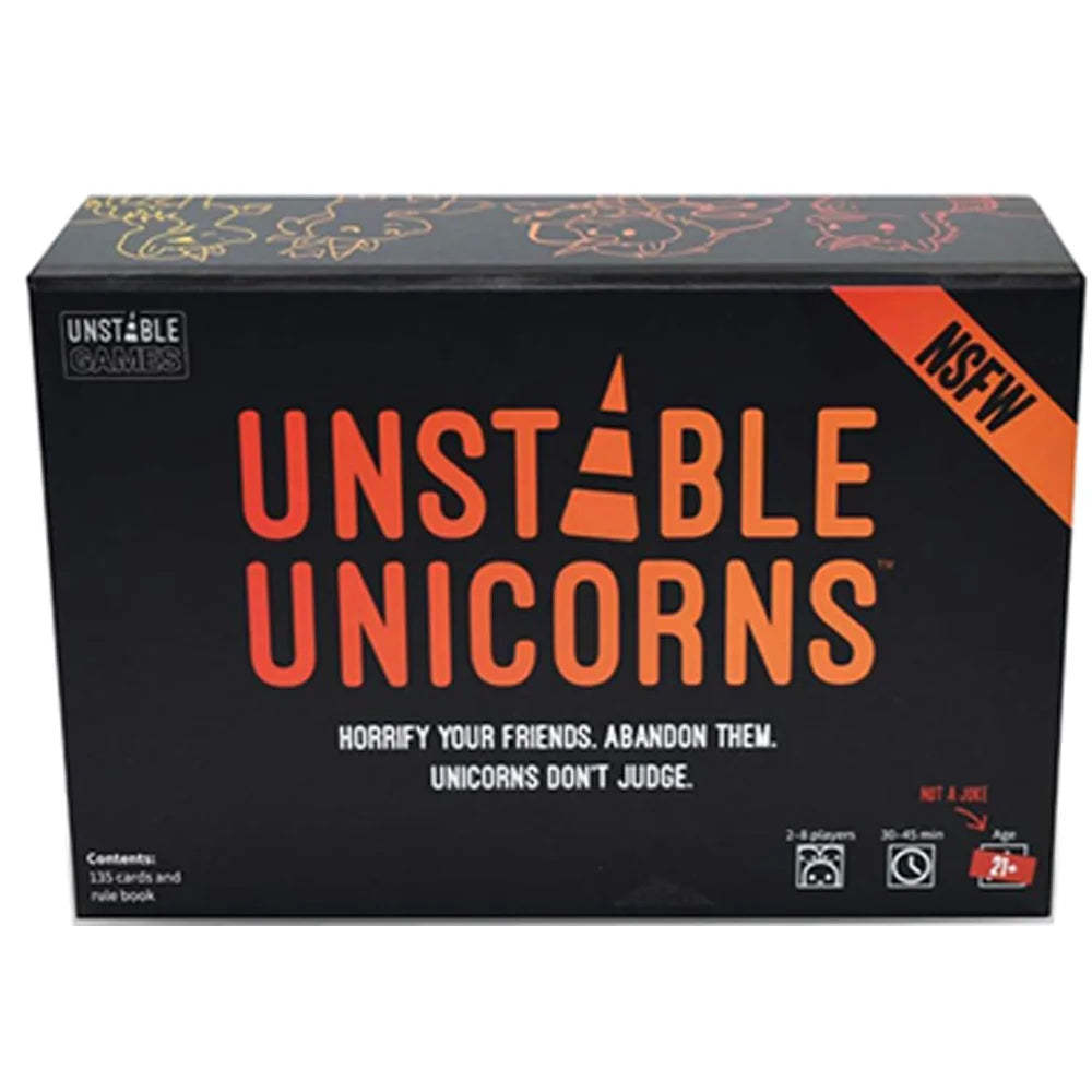 Box of Unstable Unicorns card game featuring a dark box with orange text and artwork.