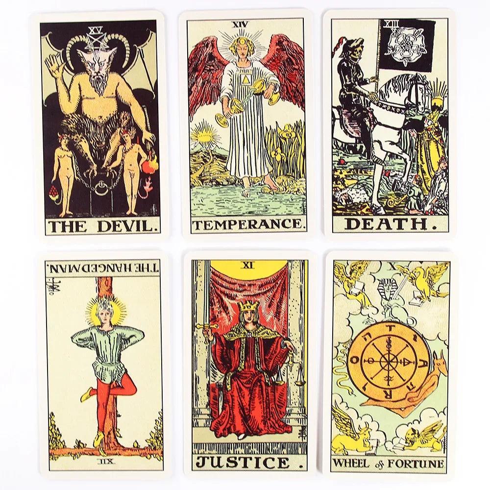 A collection of six tarot cards featuring The Devil, Temperance, Death, The Hangman, Justice, and Wheel of Fortune.