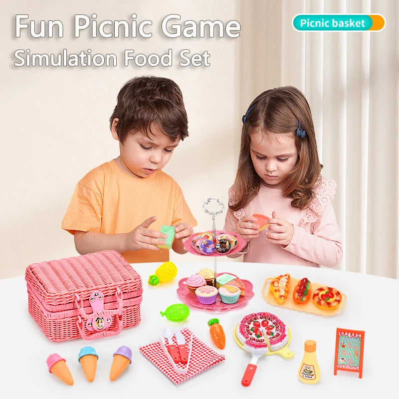 A set of pretend play picnic and tea party food items including fruit, sandwiches, and accessories for children.
