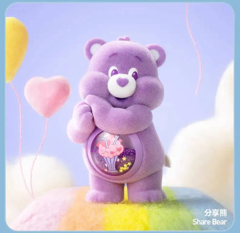 A purple Care Bear figurine standing on a yellow surface with pink balloons in the background.