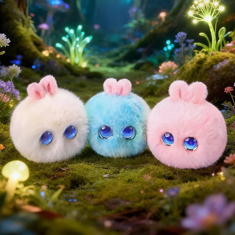Three fluffy plush rabbits in white, blue, and pink sitting on mossy green terrain with glowing plants.