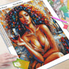 Diamond painting kit featuring a portrait of an African woman with curly hair and red wine