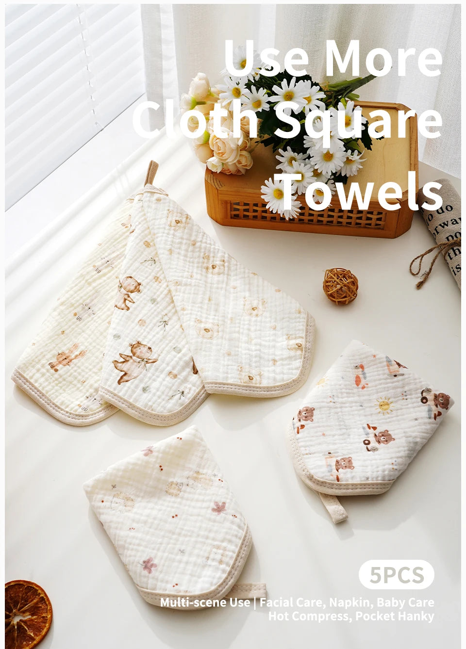A set of five white cloth square towels for facial care, napkin, baby care, and hot compress.