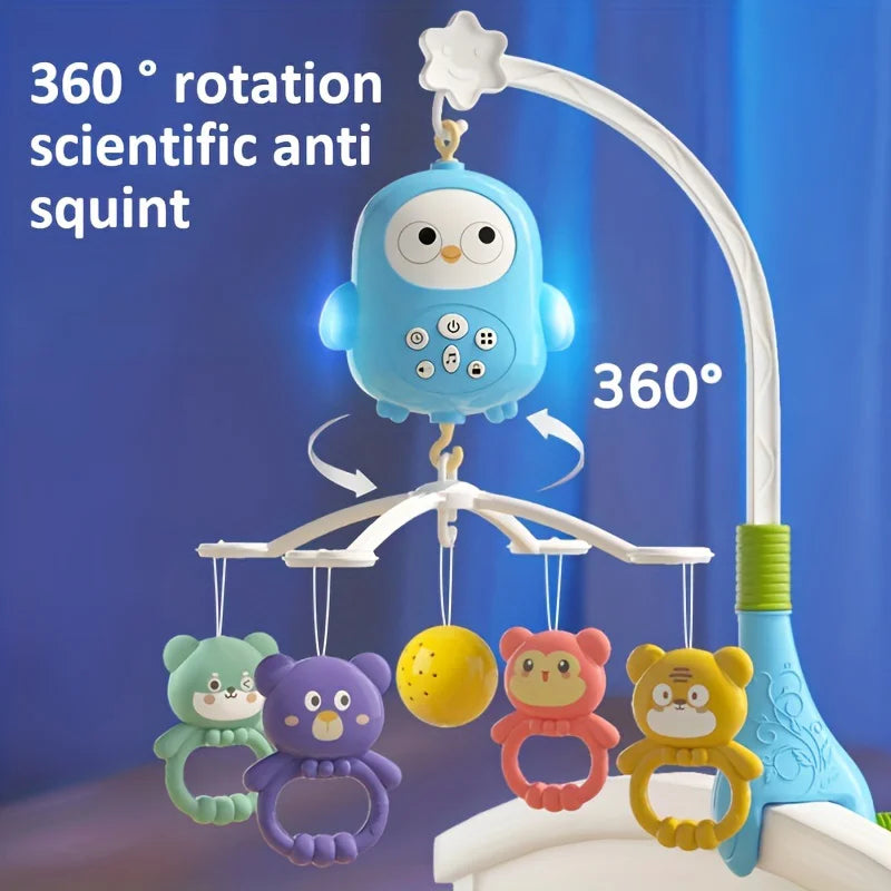 Blauer Eule wissenschaftlicher Anti-Squint-Mobil mit hängenden Spielzeugen, demonstriert 360-Grad-Rotation.