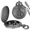 A silver steampunk dragon pocket watch dice case with a lid and a decorative dragon emblem.