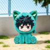 A plush collectible figure of a black-haired cat-like character with teal fur and large green ears.