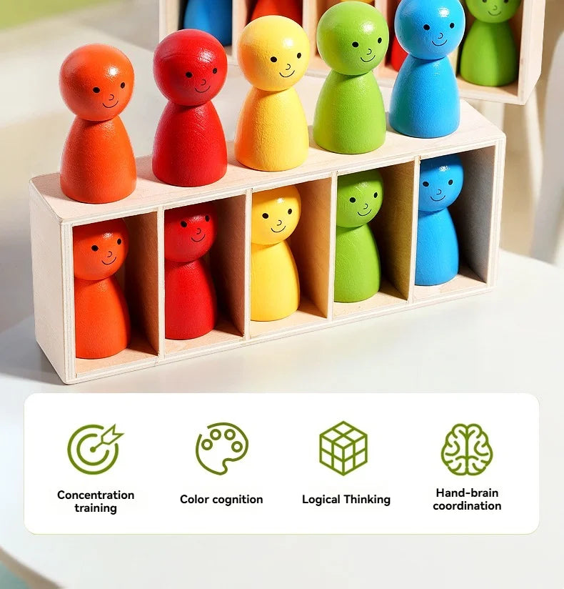 A wooden toy set featuring colorful figures arranged in compartments for concentration and cognitive training.