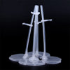 A transparent doll display stand with a waist clip, featuring two vertical rods and a base.