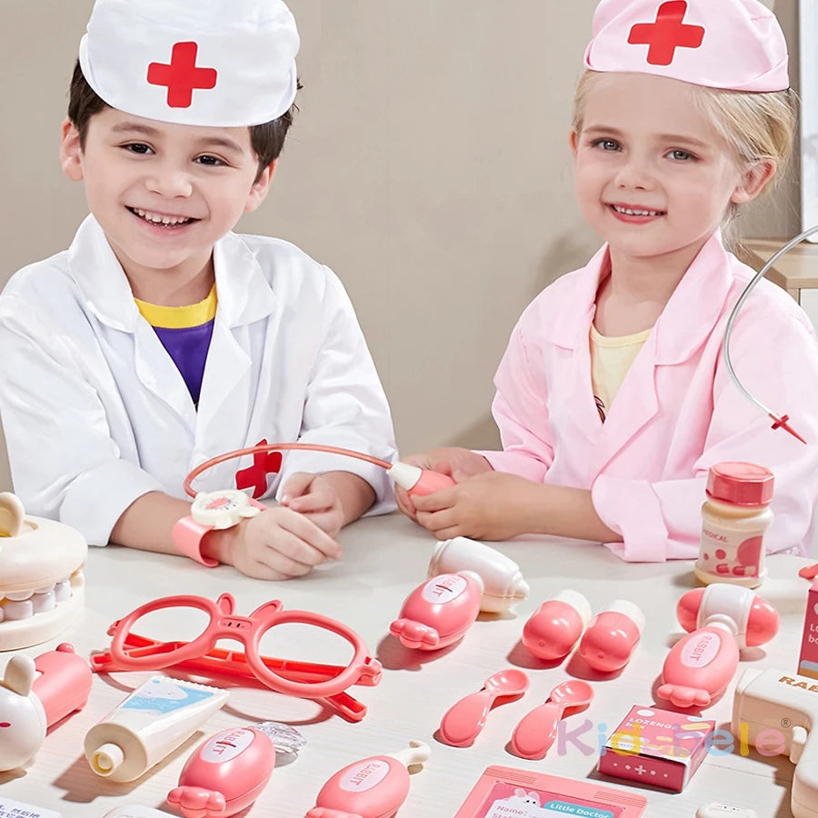 A young boy and girl are playing with a Kids Doctor Play Set featuring medical tools, including a stethoscope and various pla