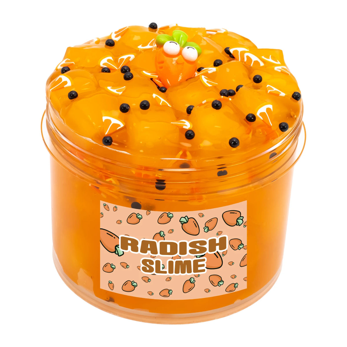 Jar of orange radish slime with fruit decorations and a label reading RADISH SLIME