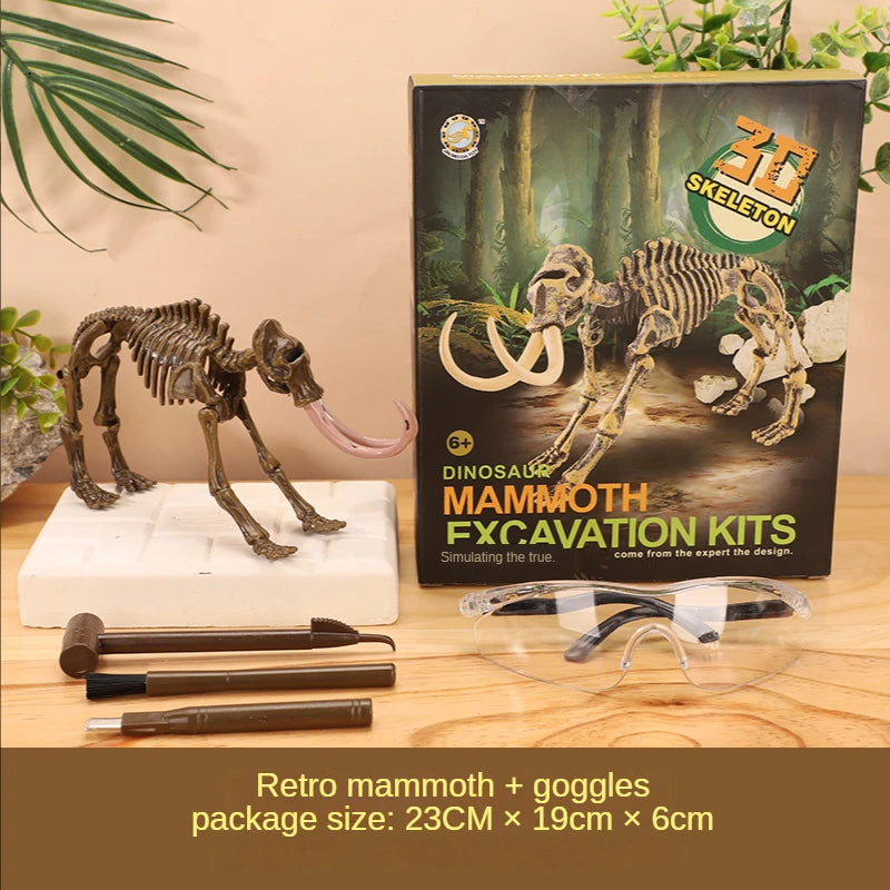 A kit featuring a retro mammoth fossil skeleton, tools, and goggles displayed on a wooden surface.