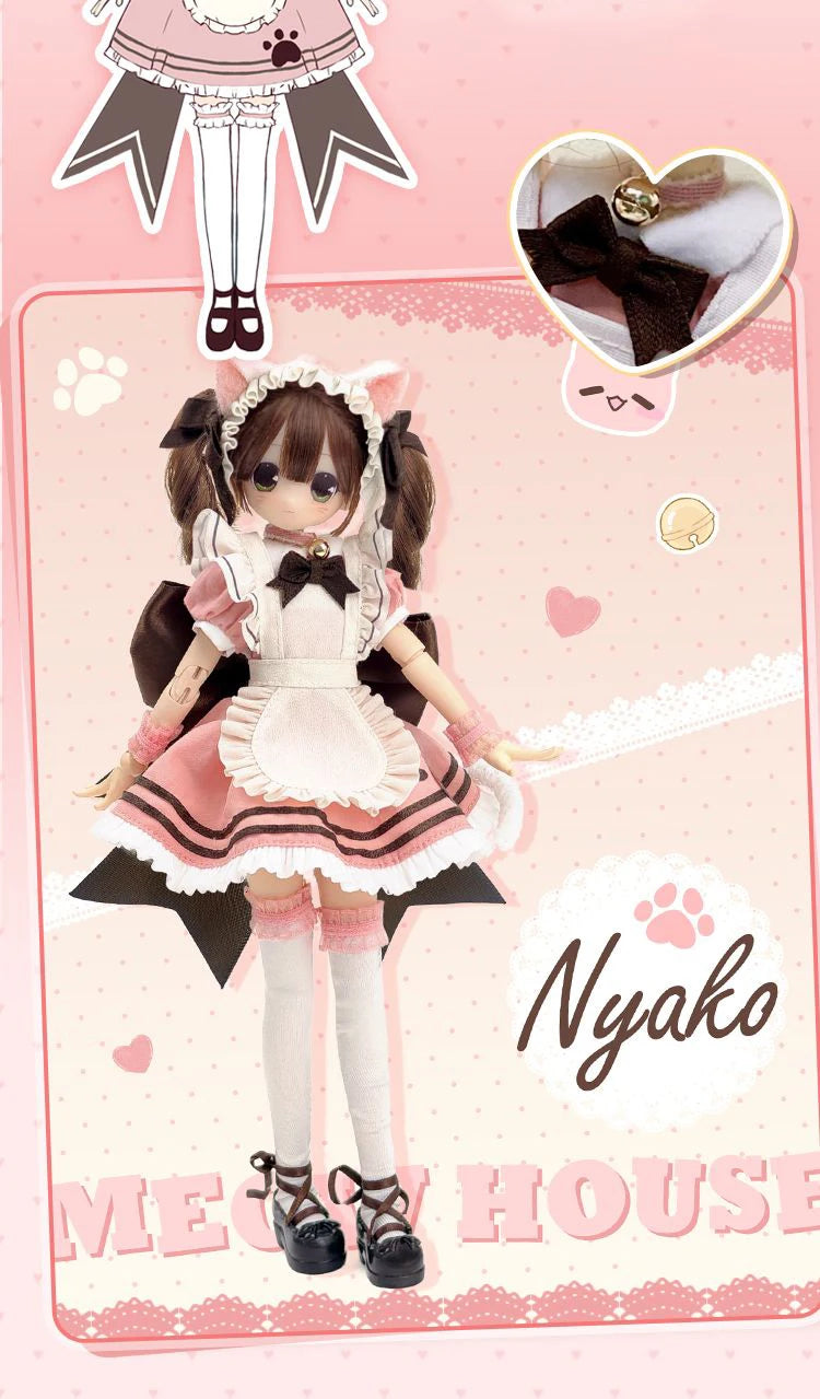 A pink and black doll named Nyako from the MEOW HOUSE line, featuring a frilly dress and dark hair.