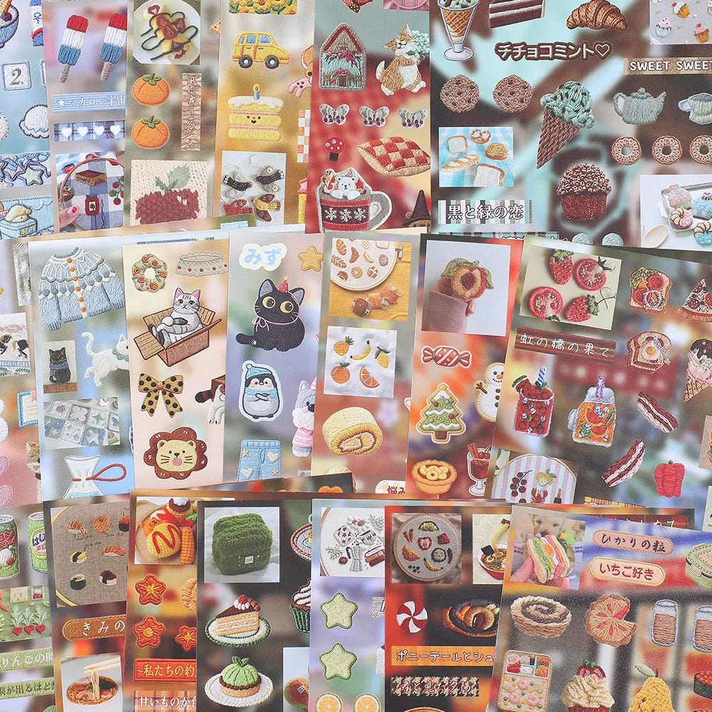 A collection of kawaii embroidery-style stickers and crafts in a book format featuring various cute designs.