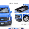 Detail display of a blue Ford F150 SVT Raptor 1:36 alloy model truck showing the exterior, hood, and wheel.