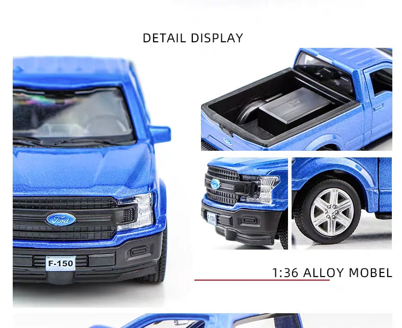 Detail display of a blue Ford F150 SVT Raptor 1:36 alloy model truck showing the exterior, hood, and wheel.