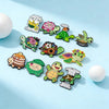 A set of cute green turtle enamel pins featuring various expressions and phrases