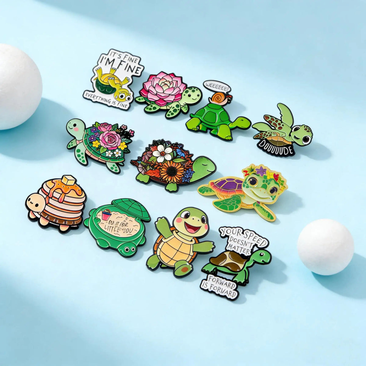 A set of cute green turtle enamel pins featuring various expressions and phrases