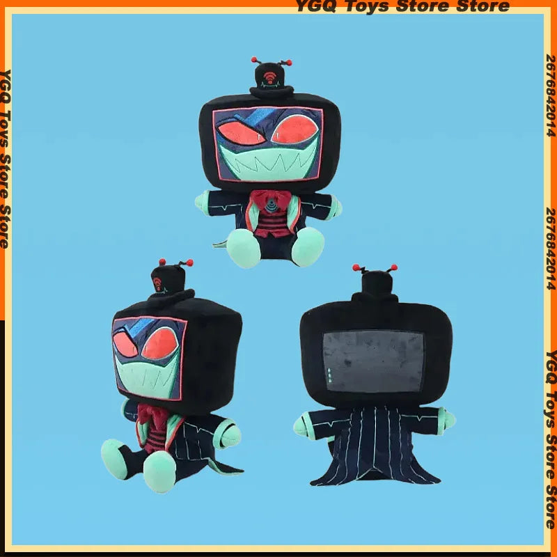 A plush doll of the character Vox from Hazbin Hotel, featuring a screen-like face and red accents.