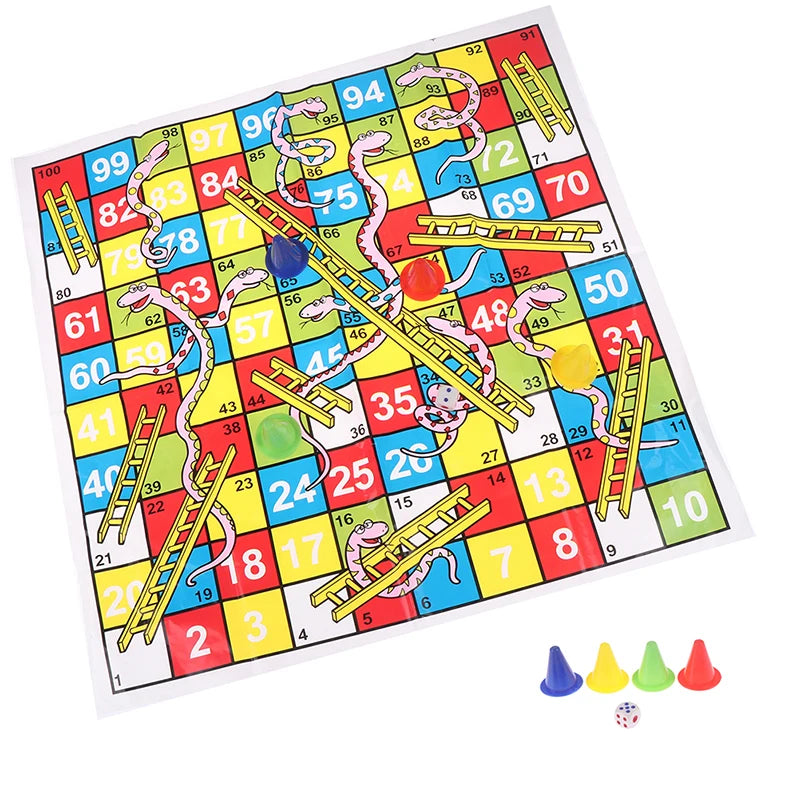 A colorful Snakes and Ladders board game with numbered squares, ladders, and snakes for family fun.
