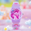 A purple My Little Pony Magic Sweetheart blind box watch with a rainbow design resting on white fluffy clouds.