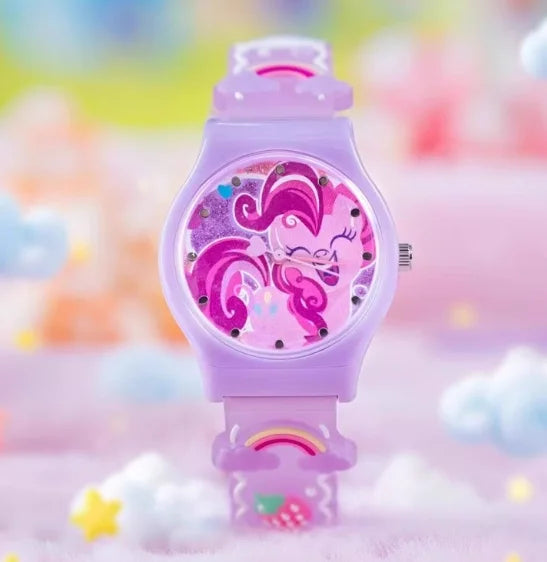 A purple My Little Pony Magic Sweetheart blind box watch with a rainbow design resting on white fluffy clouds.