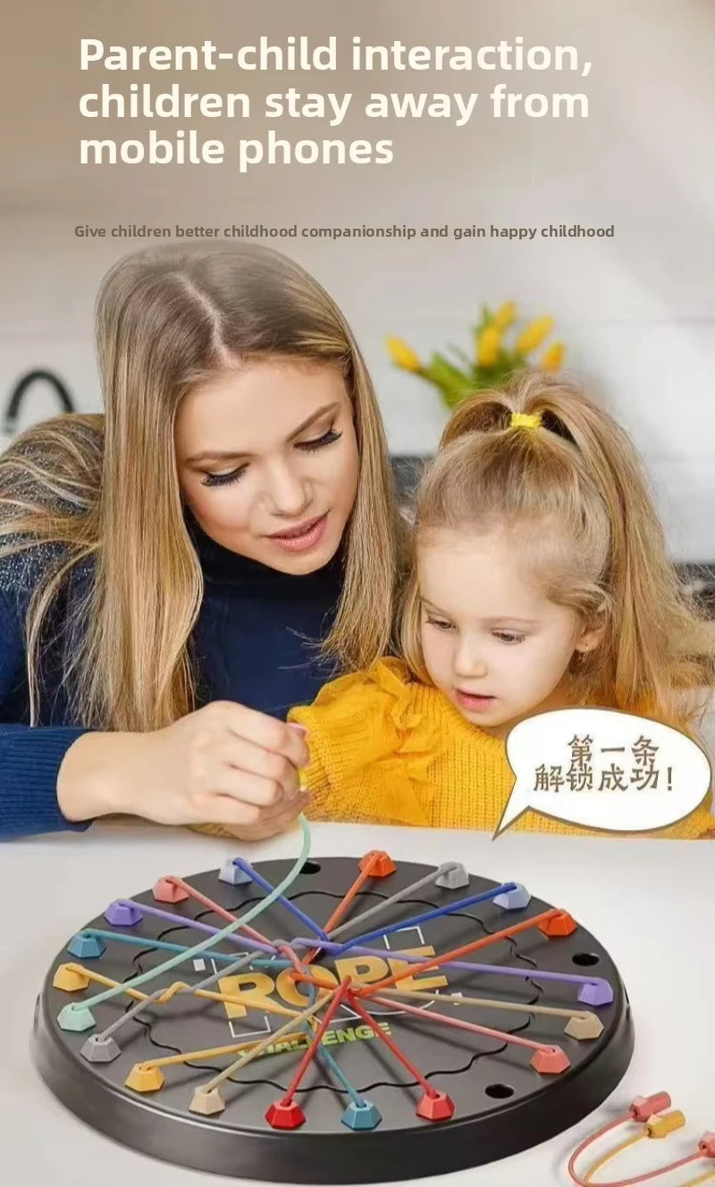 A children's educational logic toy called Rope Tangle Challenge for Kids is shown on a black board with colored ropes.