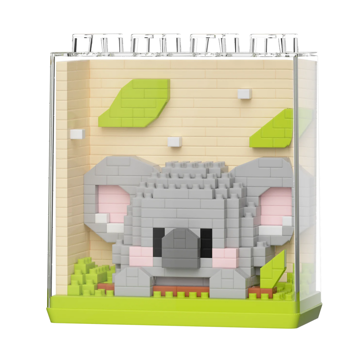 A set of adorable panda micro building blocks displayed in a clear plastic box with green accents.