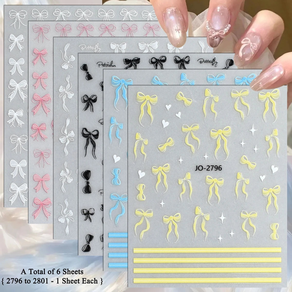 3D Bow Nail Stickers with Ribbon, Heart & Stripe Designs