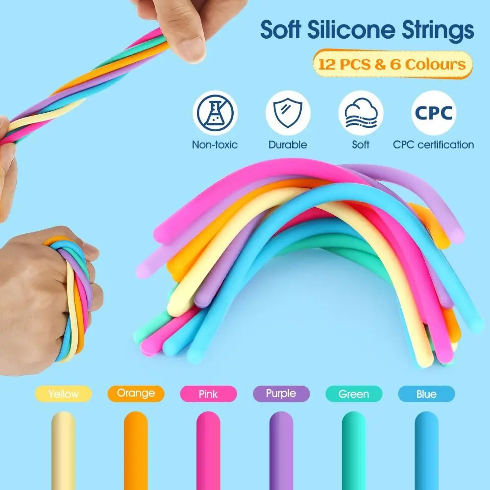 A collection of 12 colorful soft silicone strings in various shades including yellow, orange, pink, purple, green, and blue.