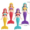 Five mermaid floating toys in various colors including pink, yellow, purple, and teal, shown standing vertically.