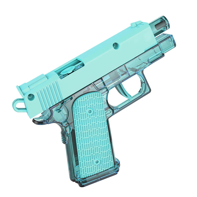 A light blue plastic pistol water gun with a textured grip and barrel, shown from the side.