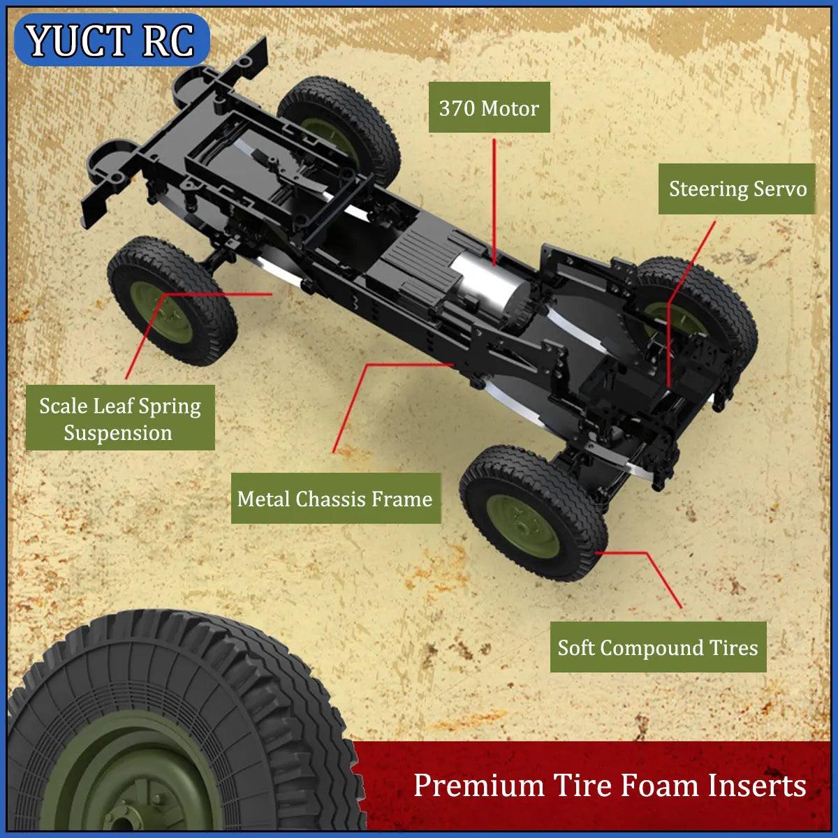 A black 1/12 scale 4WD RC rock crawler truck showing its metal chassis frame, suspension, and tires.
