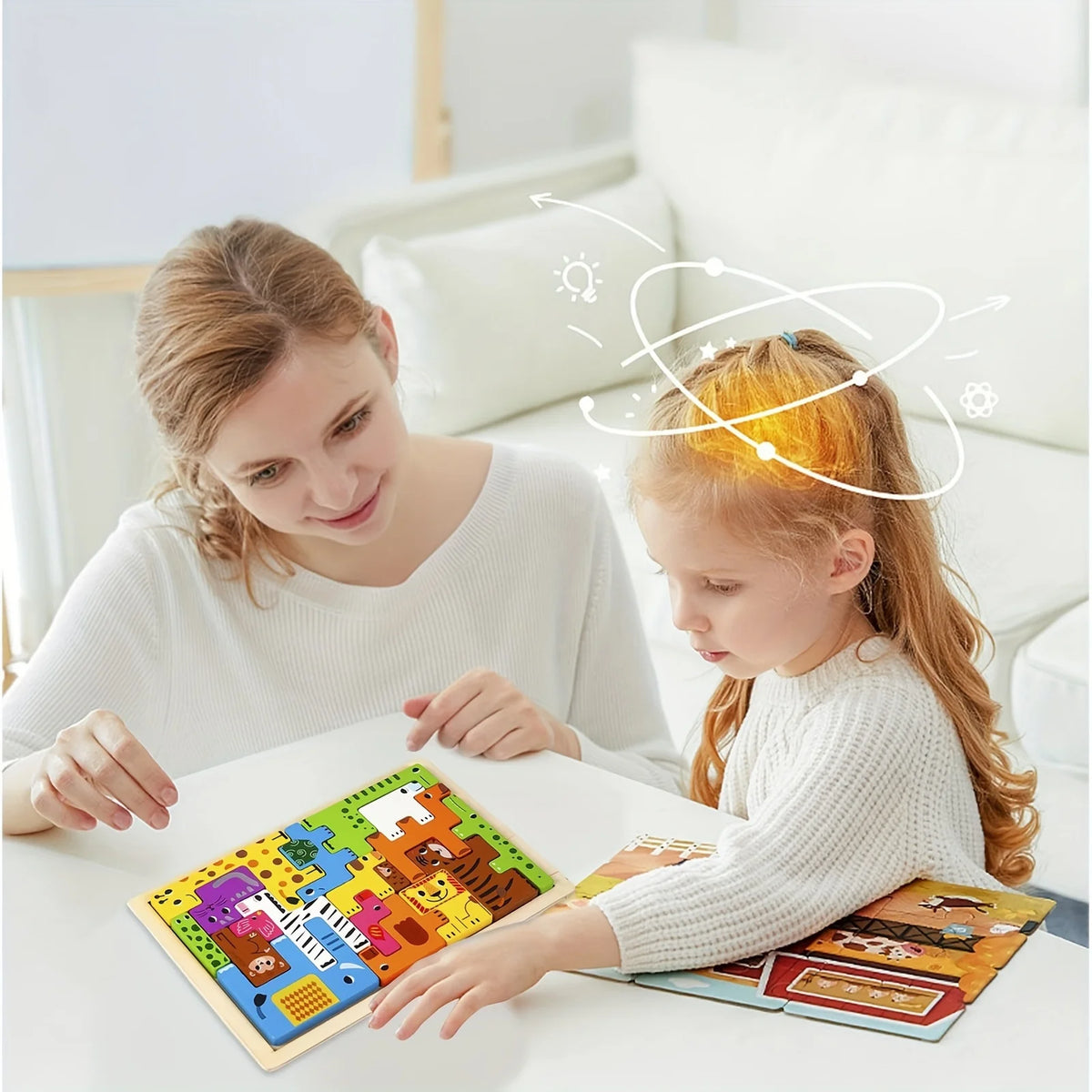 A young girl and woman are playing with a wooden tangram puzzle set featuring animals, vehicles, and sea life.