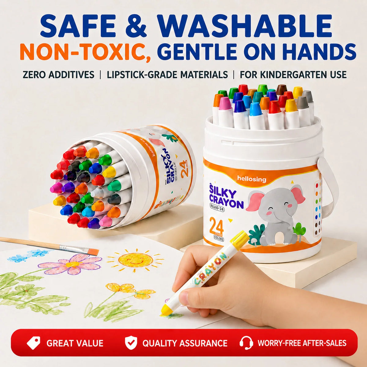 A hand holds a white container of colorful twist-up crayons, with a pile of crayons visible next to it.